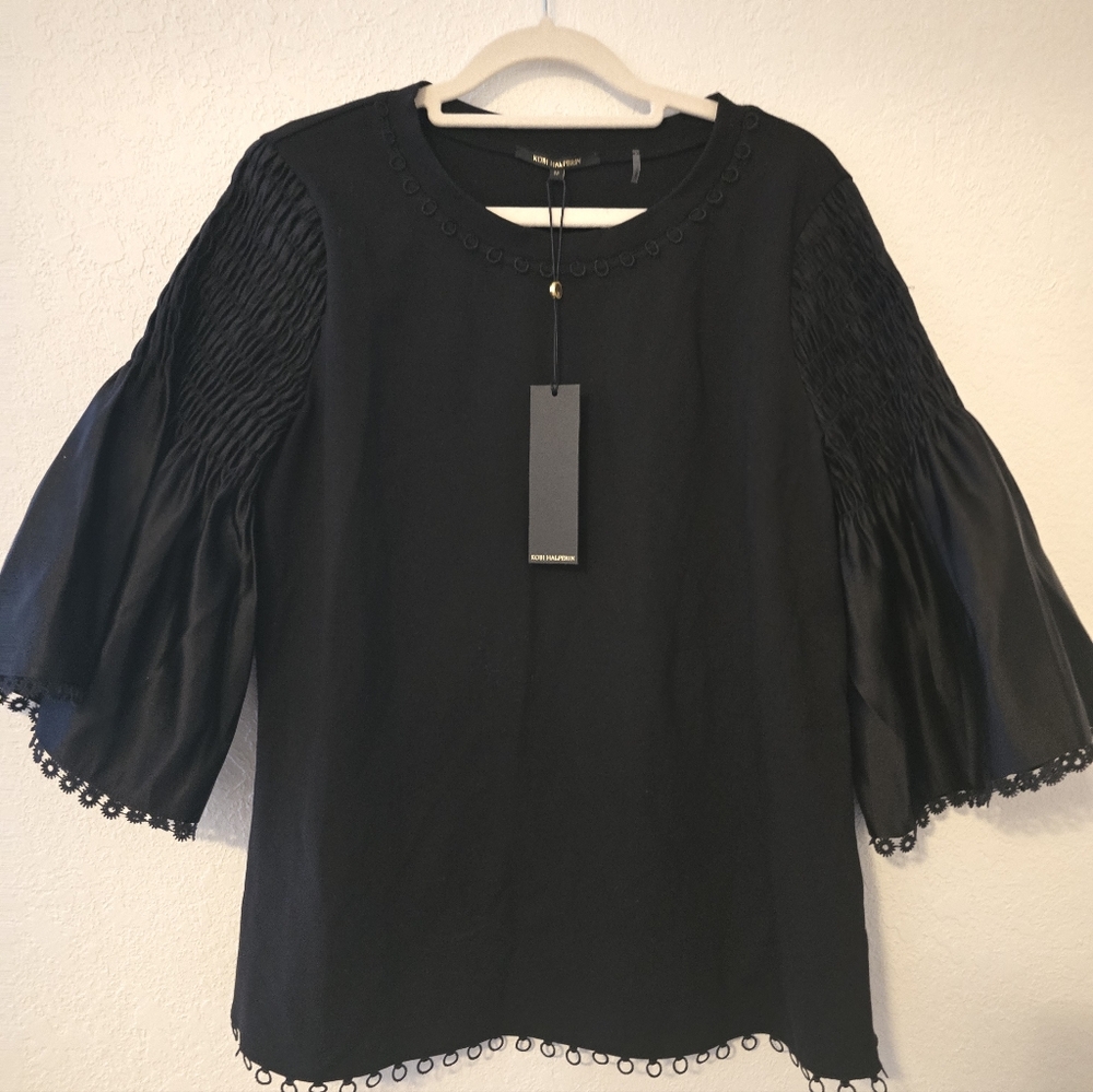 Kobi Halperin Black Ruched Sleeve Blouse Size M